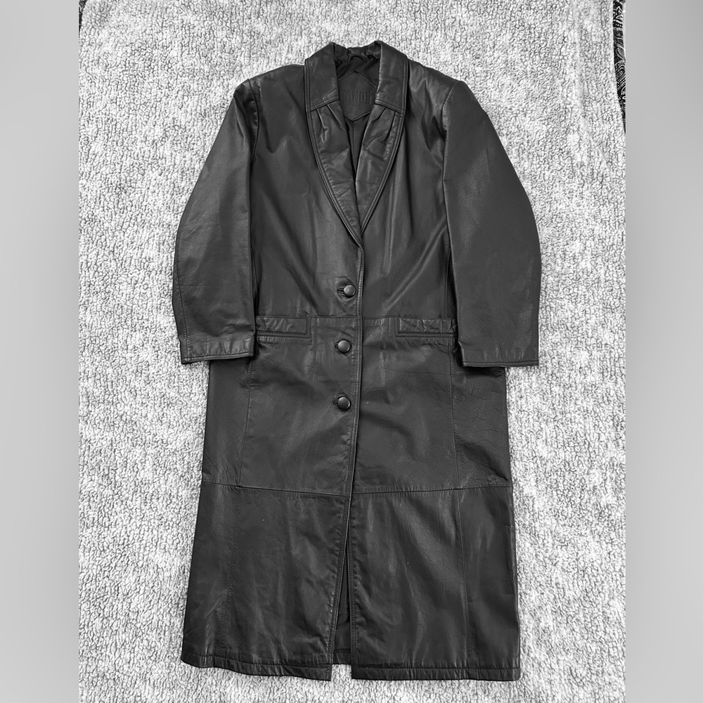 Vintage Gitano Black Leather Trench Coat Longline Button Front Women's L